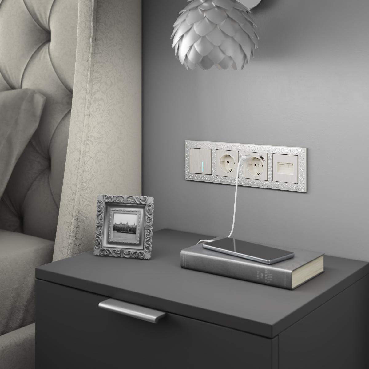 Выключатель двухклавишный проходной с подсветкой (перламутровый рифленый) W1122113